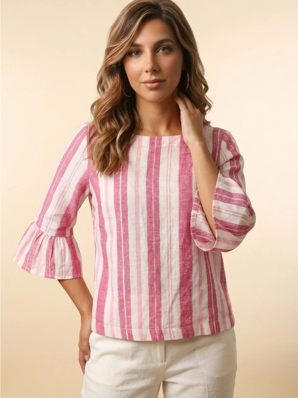 Charter Club Linen Women’s Pink & White Striped Ruffle Sleeve Top